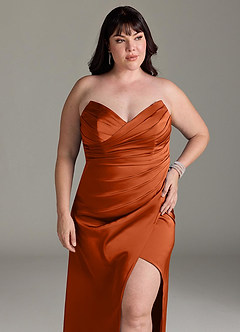 Azazie Yola Bridesmaid Dresses Burnt Orange Sheath V-Neck Pleated Stretch Satin Convertible Dress image13