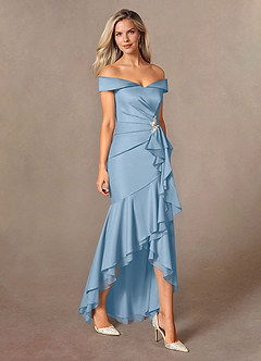 Azazie Billings Mother of the Bride Dresses Powder Blue Mermaid Off the Shoulder Stretch Satin Dress image5