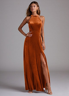 Azazie Clarice Vestidos de damas de honor Vestido de Naranja Quemada de terciopelo de Corte en A con Corte Lateral image4