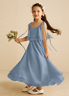 Azazie Temi Robe Demoiselle D'honneur Fillette Robe Trapèze en Mousseline de soie Bretelle Spaghetti Bleu Poussiéreux image1