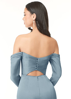 Azazie Hallie Bridesmaid Dresses Dusty Blue Sheath Off-The-Shoulder Long Sleeve Stretch Satin Convertible Dress image7