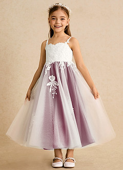 Azazie Coraline Flower Girl Dresses Ivory Mulberry A-Line Lace Dress image4
