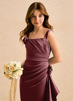 Azazie Ciara Girls Formal Robe Demoiselle D'honneur Fillette Robe Trapèze en Mat Satiné Plissée Rose Du Désert image4