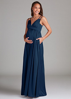 Azazie Emree Maternity Bridesmaid Dresses A-Line Stretch Satin Floor-Length Dress with Pockets image3