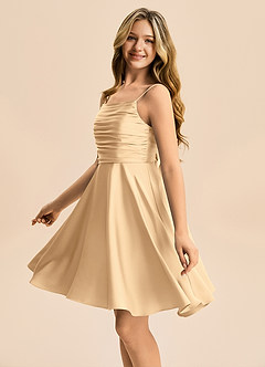 Azazie Miko Junior Gold A-Line Pleated Stretch Satin Dress image7