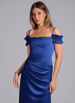 Azazie Kalysia Bridesmaid Dresses Royal Blue Mermaid Off the Shoulder Stretch Satin Convertible Dress image5