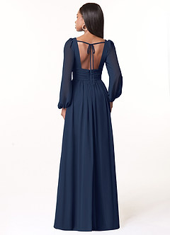 Azazie Norah Bridesmaid Dresses Dark Navy A-Line V-Neck Long Sleeve Chiffon Dress image2