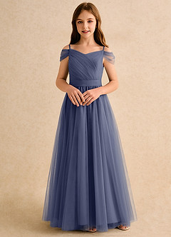Azazie Yuna Girls Formal Robe Demoiselle D'honneur Fillette Robe Trapèze en Tulle Épaule décolletée Bleu Orageux image4