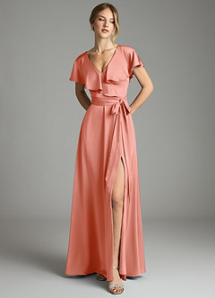 Azazie Lainey Bridesmaid Dresses Coral A-Line with Pockets Stretch Satin Dress image3