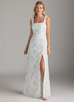 Azazie Jesaphine Bridesmaid Dresses Blue Vintage Floral Sheath Bow Chiffon Dress image3