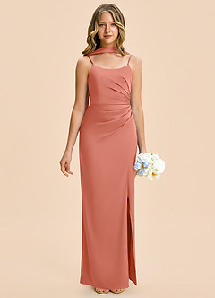 Azazie Calandra Junior Salmon Pink Sheath Pleated Stretch Satin Dress image1