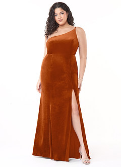 Azazie Kala Bridesmaid Dresses Burnt Orange A-Line One Shoulder Velvet Dress image8