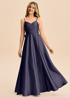 Azazie Rumi Junior A-Line Plisseret Stræk satin Gulv-længde Junior brudepige Kjole image1