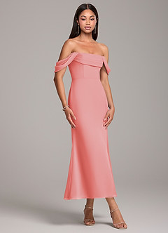 Azazie Saige Bridesmaid Dresses Coral Sheath Off the Shoulder Chiffon Convertible Dress image4