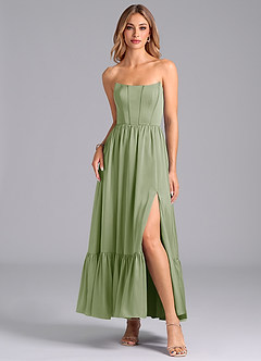 Azazie Leilana Bridesmaid Dresses Dusty Sage A-Line Corset Stretch Satin Dress image3