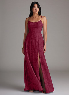 Azazie Moira Bridesmaid Dresses Burgundy A-Line Side Slit Floral Burnout Dress image4