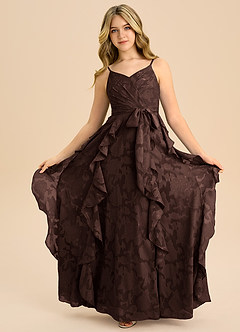 Azazie Peyton Junior Ganache A-Line Pleated Floral Burnout Dress image3