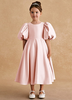 Azazie Sugarplum Flower Girl Dresses Blushing Pink A-Line with Sleeves Matte Satin Dress image3