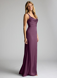 Azazie Elida Bridesmaid Dresses Plum Sheath Pleated Stretch Satin Dress image3