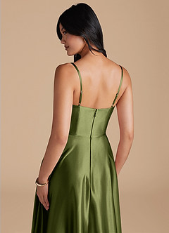 Azazie Elle Bridesmaid Dresses Olive A-Line with Pockets Metallic Satin Dress image4