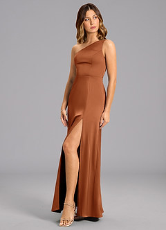 Azazie Phaedra Bridesmaid Dresses Copper A-Line One Shoulder Stretch Satin Dress image3