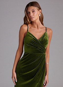 Azazie Maci Bridesmaid Dresses Olive Sheath Pleated Velvet Dress image6