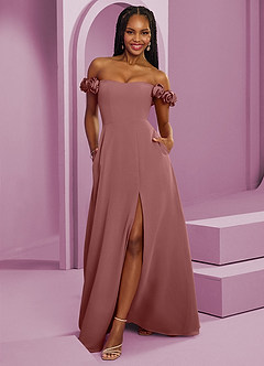 Barbie ♥ Azazie Suknie dla druhen Rozkloszowana szyfonowa sukienka z odkrytymi ramionami i kwiatowymi rozetkami image1