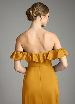 Azazie Lyra Bridesmaid Dresses Butterscotch A-Line Off the Shoulder Stretch Satin Convertible Dress image9