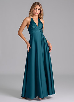 Azazie Tessie Bridesmaid Dresses Ink Blue A-Line Pleated Stretch Satin Dress image5