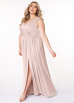 Azazie Tanicia Bridesmaid Dresses Blushing Pink A-Line V-Neck Pleated Mesh Dress image3