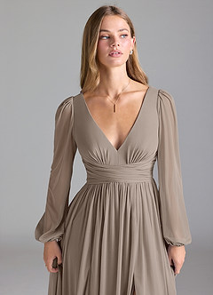Azazie Norah Bridesmaid Dresses Taupe A-Line Mesh Dress image7