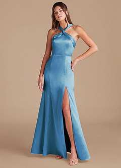 Azazie Rue 신부 들러리 드레스 쉬스 주름진 메탈릭 새틴 바닥 길이 드레스 image3