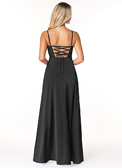 Azazie Marchella Abiti da Damigella Abito A-Line in Raso Elasticizzato Corsetto Nero image2