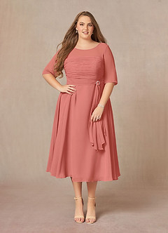 Azazie Naomi Mère de la mariée Robes Robe Trapèze en Mousseline de soie Col bateau plissé Rose Saumon image10