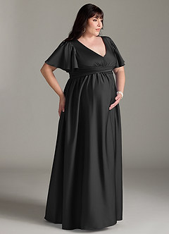 Azazie Verna At-home Try On Dresses A-Line Ruched Stretch Satin Floor-Length Dress image12