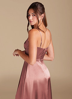 Azazie Halsey Vestidos de damas de honor Vestido de Rosa Polvorienta de Satén Metálico de Corte en A con Corte Lateral image2