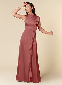 Azazie Narine Abiti per la Madre della Sposa Abito A-Line in Raso Elasticizzato Scollo alto plissettato Rosa Antica image1