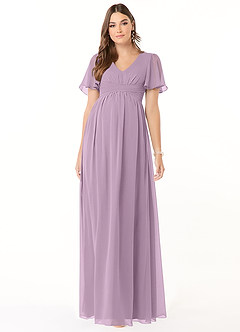 Azazie Verna Robes de demoiselle d'honneur de maternité Robe Trapèze Col V froncé Longueur ras du sol Mousseline de soie image1