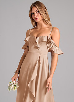 Azazie Lyra Robes de demoiselle d'honneur Robe Trapèze Convertible en Satin extensible Épaule décolletée Rose Perle image7