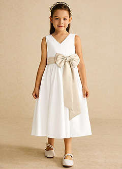 Azazie Darling Flower Girl Dresses Ivory Champagne A-Line Bow Cotton Dress image4