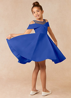 Azazie Shirin Robe Demoiselle D'honneur Fillette Robe Trapèze en Mat Satiné Épaule décolletée Bleu Roi image4