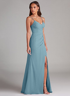 Azazie Maci Bridesmaid Dresses Moody Blue Sheath Pleated Chiffon Dress image4