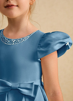 Azazie Pearl Flower Girl Dresses Steel Blue Ball-Gown Pleated Matte Satin Dress image6