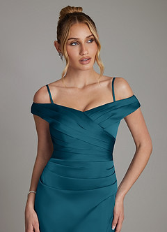 Azazie Teyana Bridesmaid Dresses Ink Blue Sheath Off the Shoulder Stretch Satin Dress image3