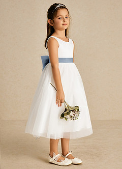 Azazie Kavi Flower Girl Dresses Ivory Dusty Blue A-Line Bow Matte Satin Dress image4