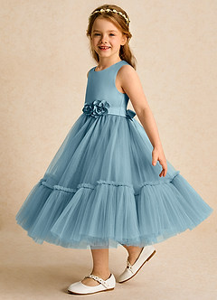 Azazie Miracle Robe Demoiselle D'honneur Fillette Robe Trapèze en Mat Satiné Arc Bleu Maussade image3