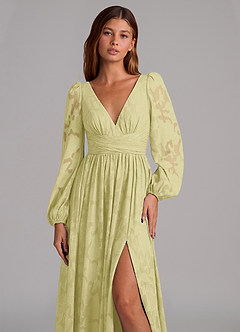 Azazie Norah Jurken voor bruidsmeisjes Jurk van Bloemen Burn-out met A-Lijn Lange mouw Citroensorbet image7