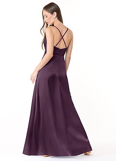 Azazie Naomie Bridesmaid Dresses Plum A-Line Cowl Neckline Side Slit Stretch Satin Dress image2