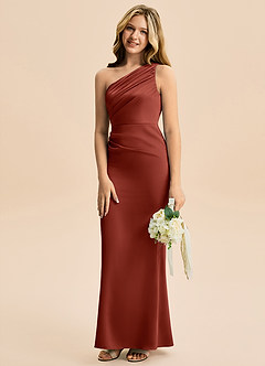 Azazie Akilah Junior Robe Fourreau en Satin extensible Plissée Terracotta image5