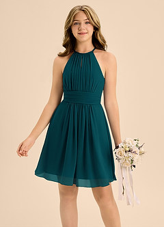 Azazie Bonnie Junior Pine A-Line Pleated Chiffon Dress image3
